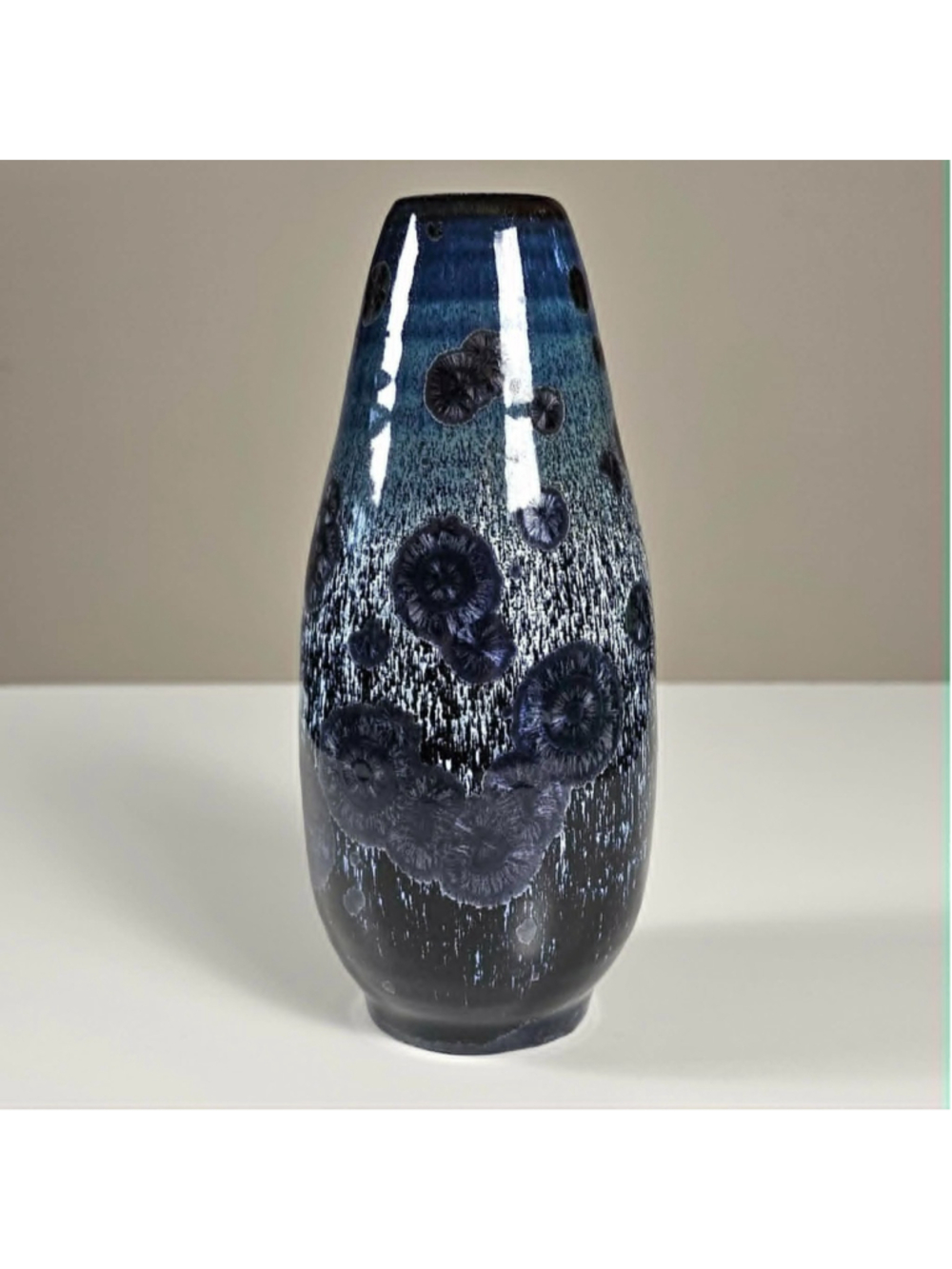 Studio Art Pottery Crystalline Glazed Vase 7.5" Blue White Signed RW 2019